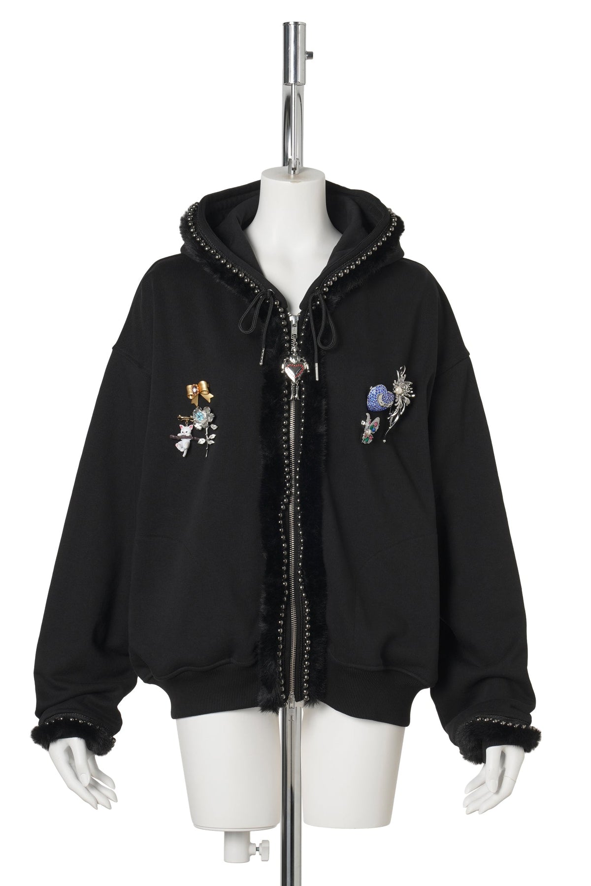 FUZZY PEARL ZIP HOODIE / BLACK