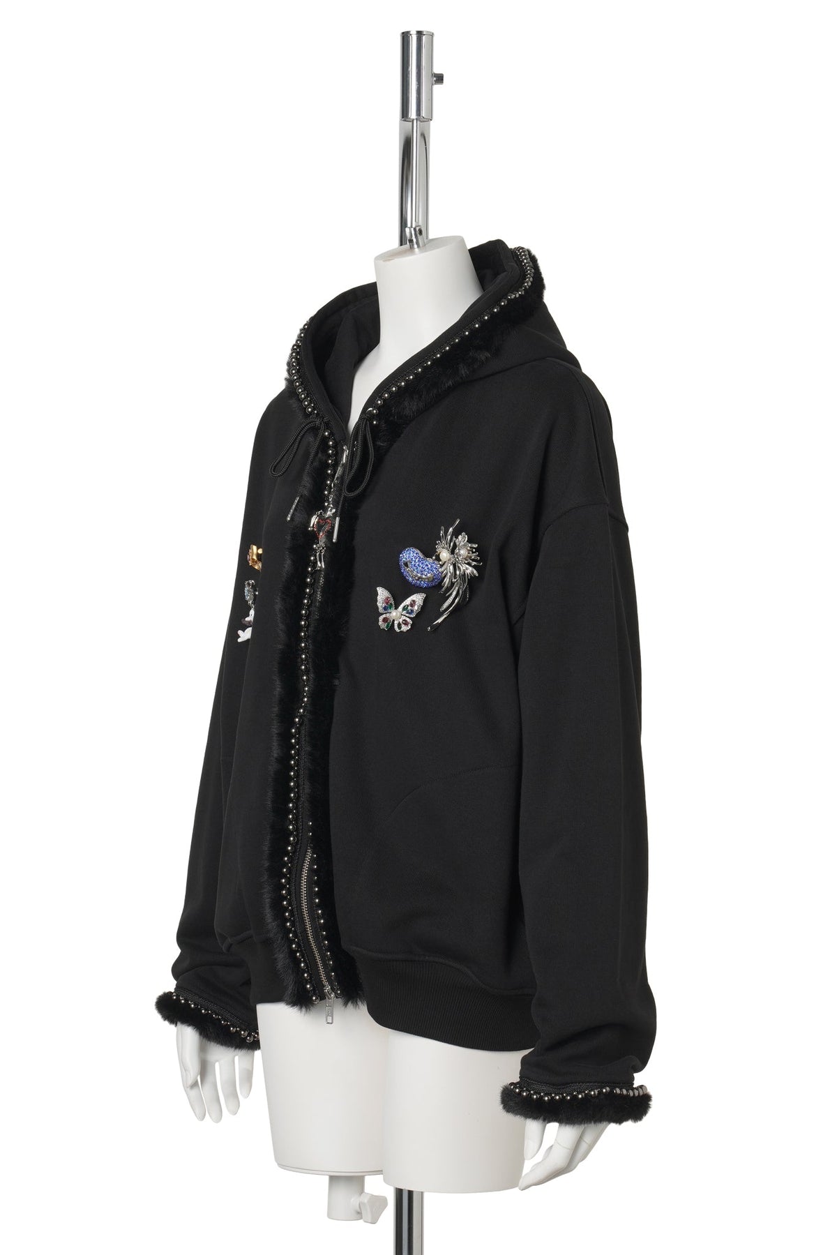 FUZZY PEARL ZIP HOODIE / BLACK
