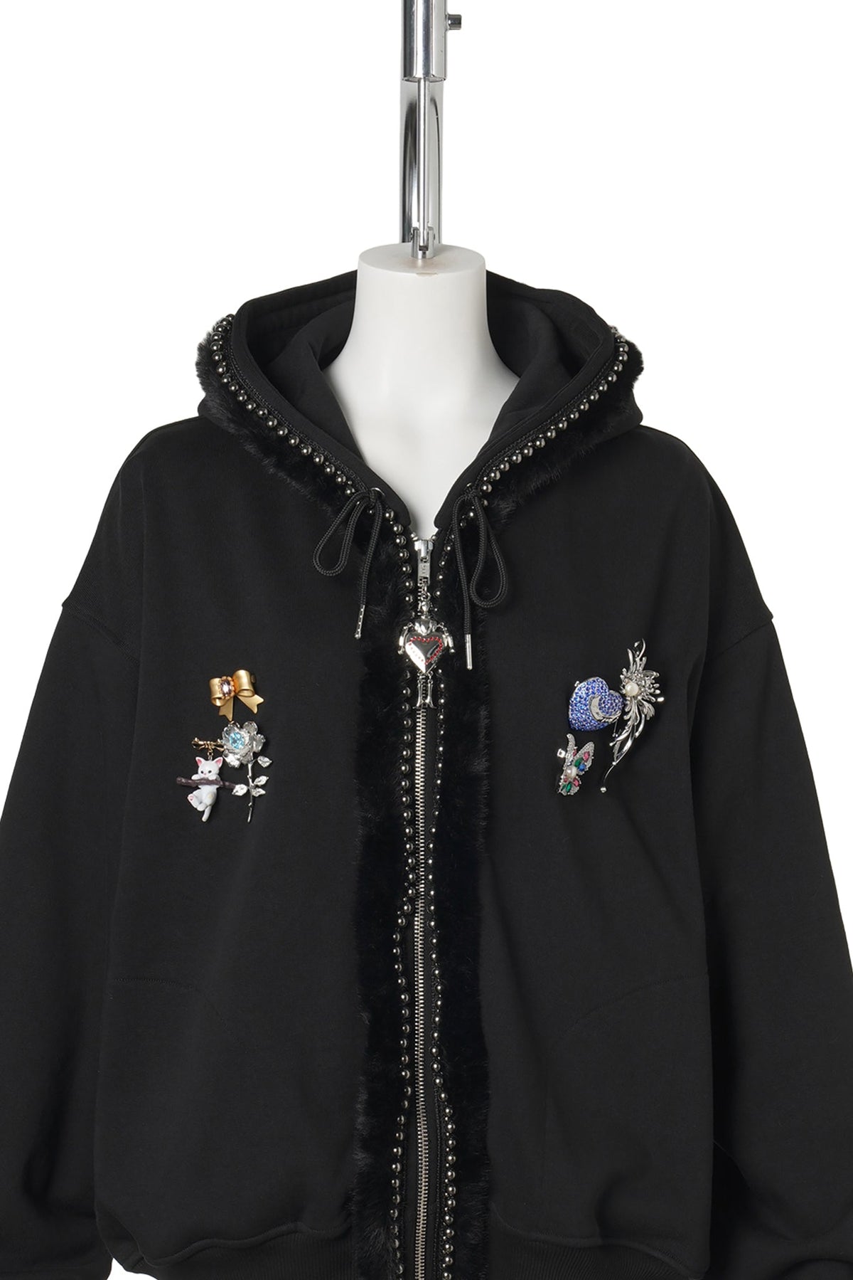 FUZZY PEARL ZIP HOODIE / BLACK