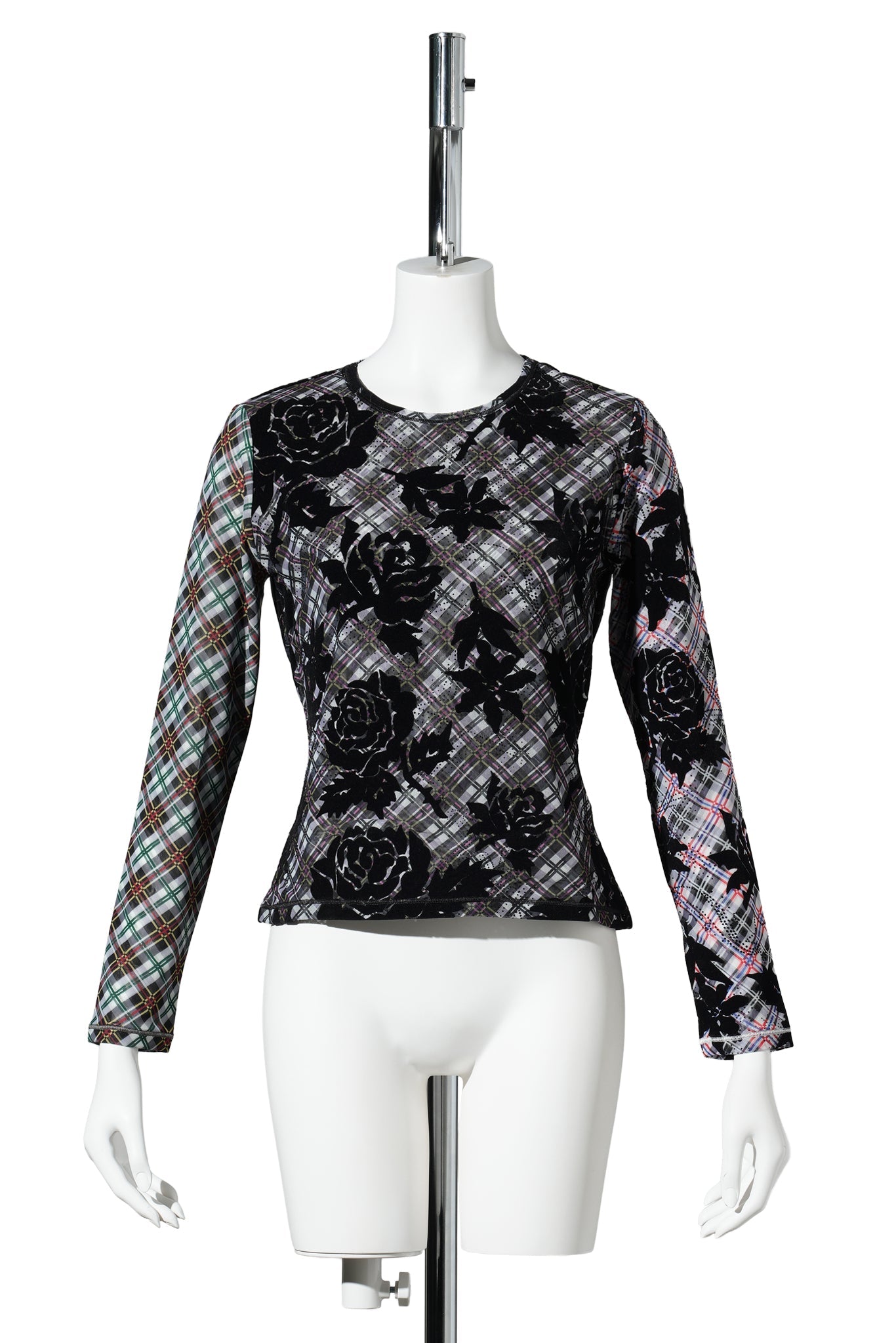 PICNIC PLAID FLOCKED MESH LS TOP / MULTI