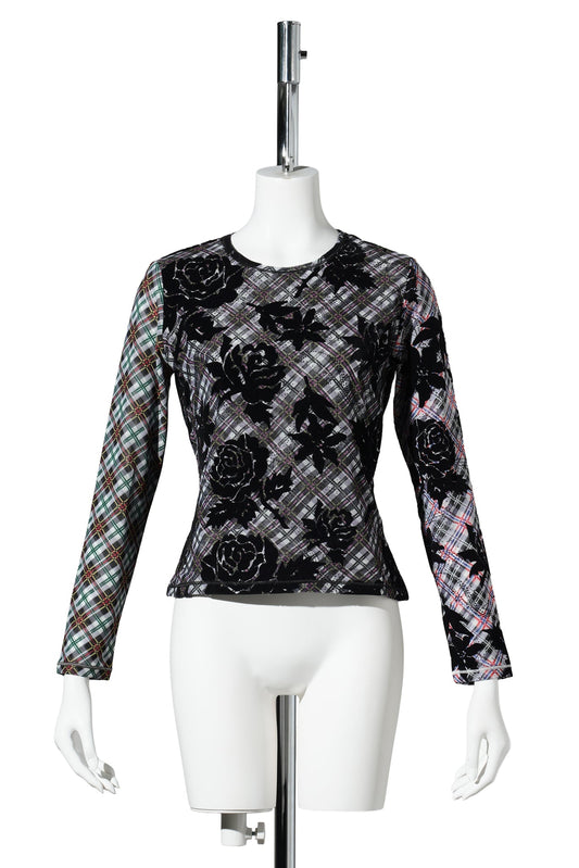 PICNIC PLAID FLOCKED MESH LS TOP / MULTI