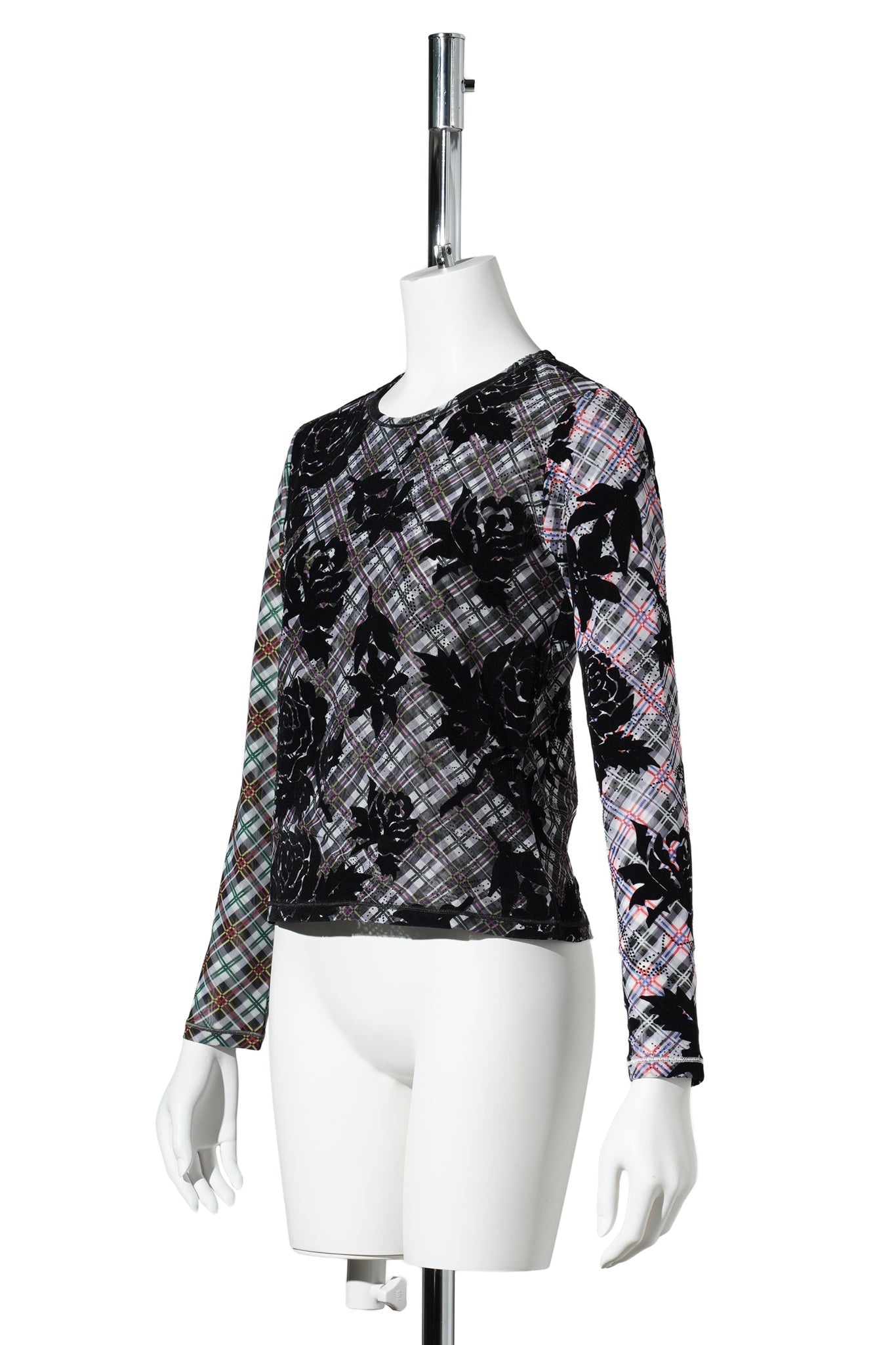 PICNIC PLAID FLOCKED MESH LS TOP / MULTI