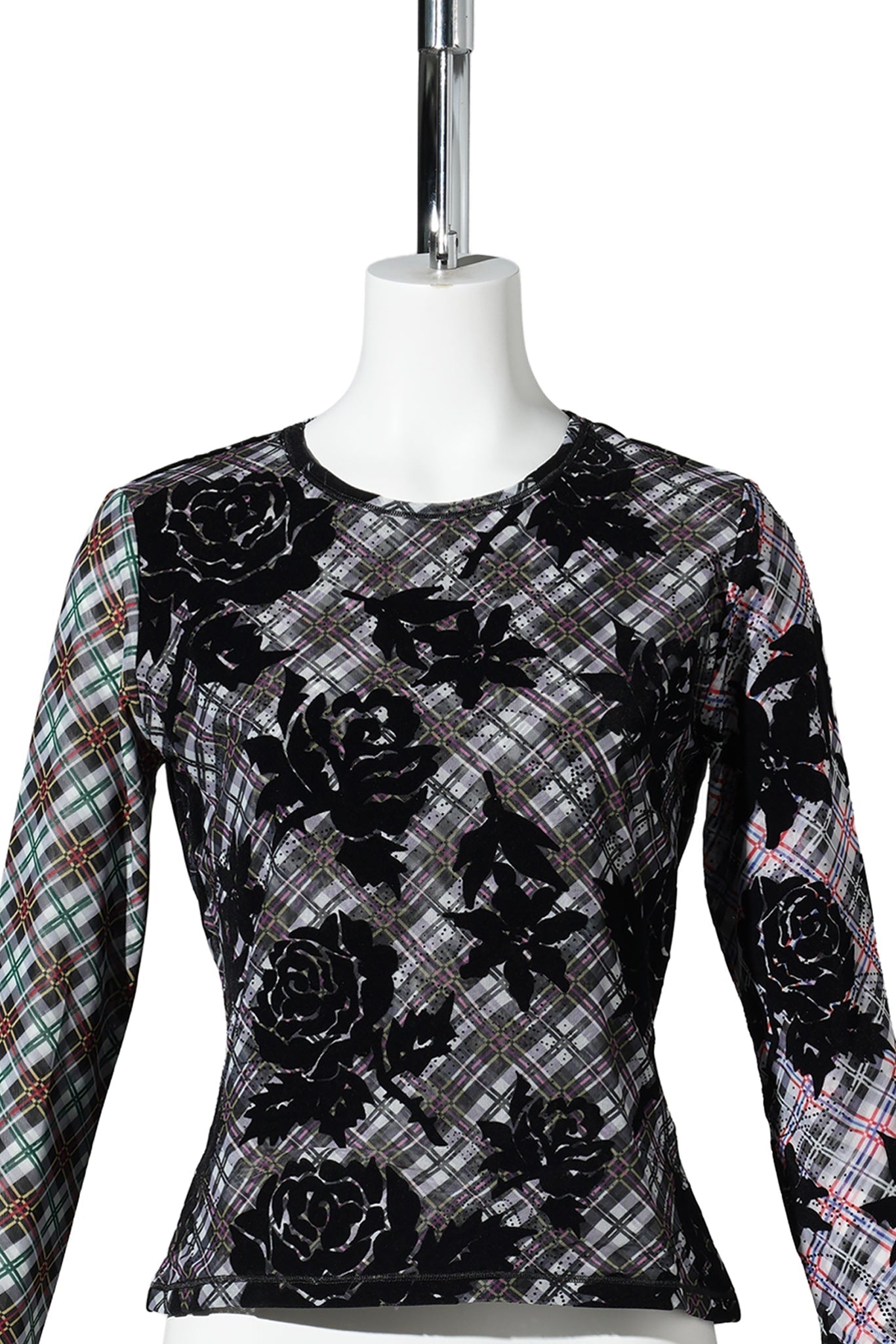PICNIC PLAID FLOCKED MESH LS TOP / MULTI