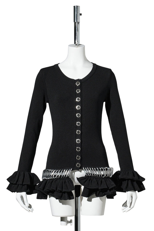 RUFFLE CARABINER CARDIGAN / BLACK