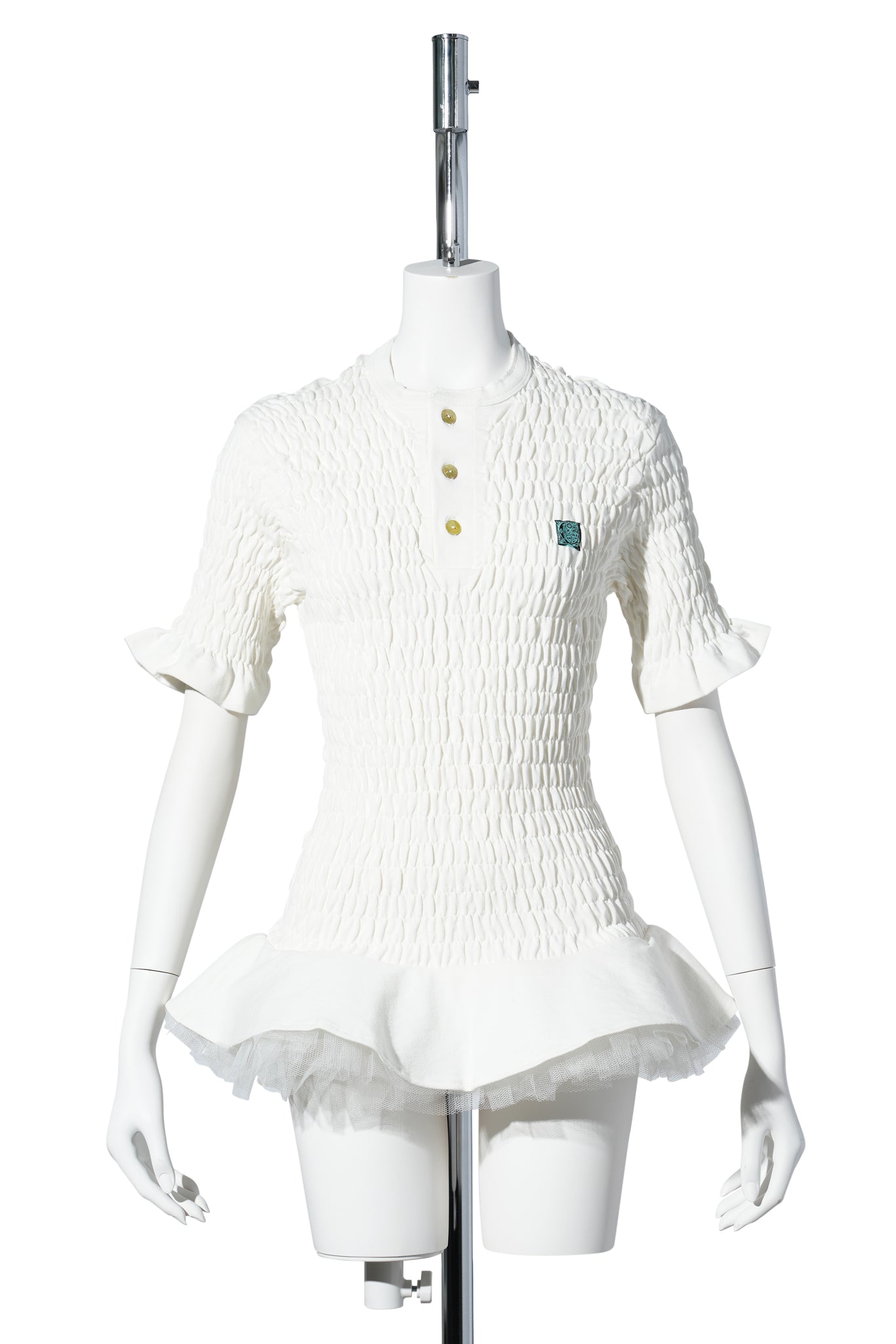 SHIRRED HENLEY TOP WITH TULLE / WHITE