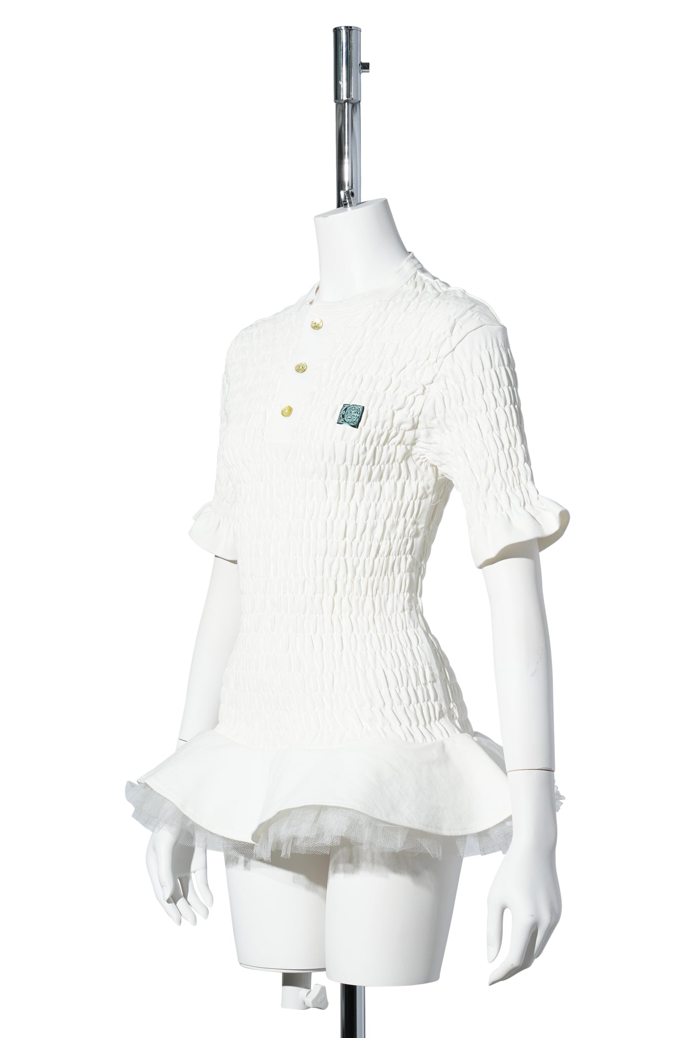 SHIRRED HENLEY TOP WITH TULLE / WHITE
