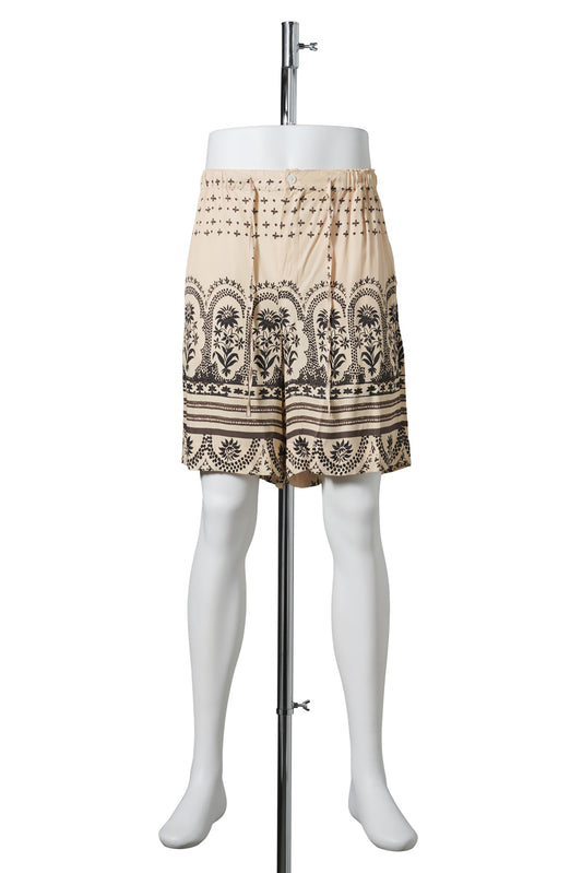 DRAWSTRING SHORTS CUT FROM CUSTOM PRINTED VISCOSE / ORIENTAL PRINT