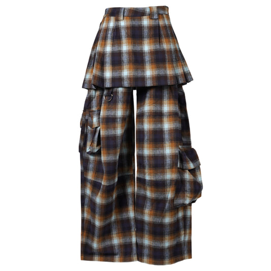 LAWN SKIRT CARGO PANT / NAVY CAMEL PLAID