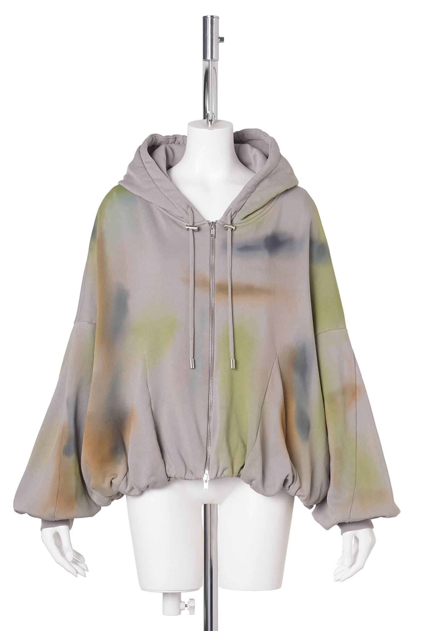 GATHERED ZIP UP HOODIE / PAINTED FOG