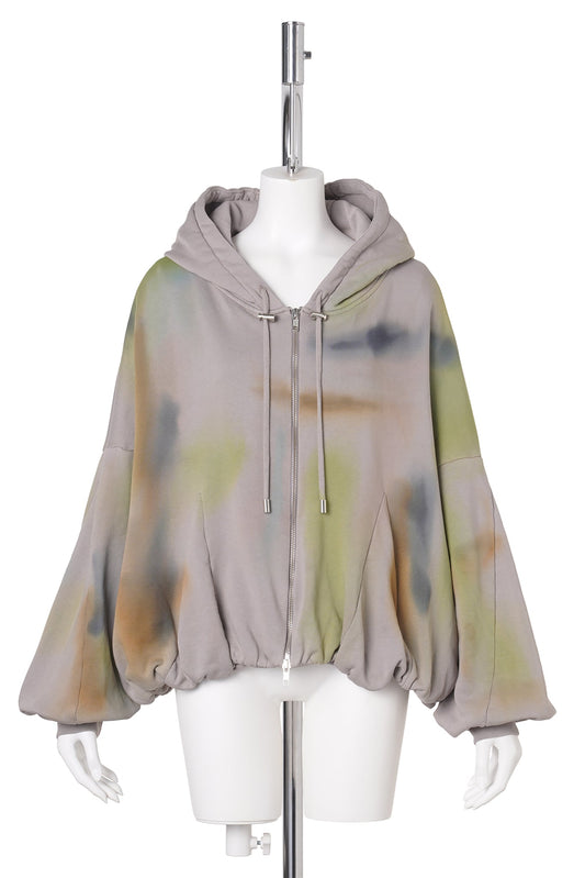 GATHERED ZIP UP HOODIE / PAINTED FOG
