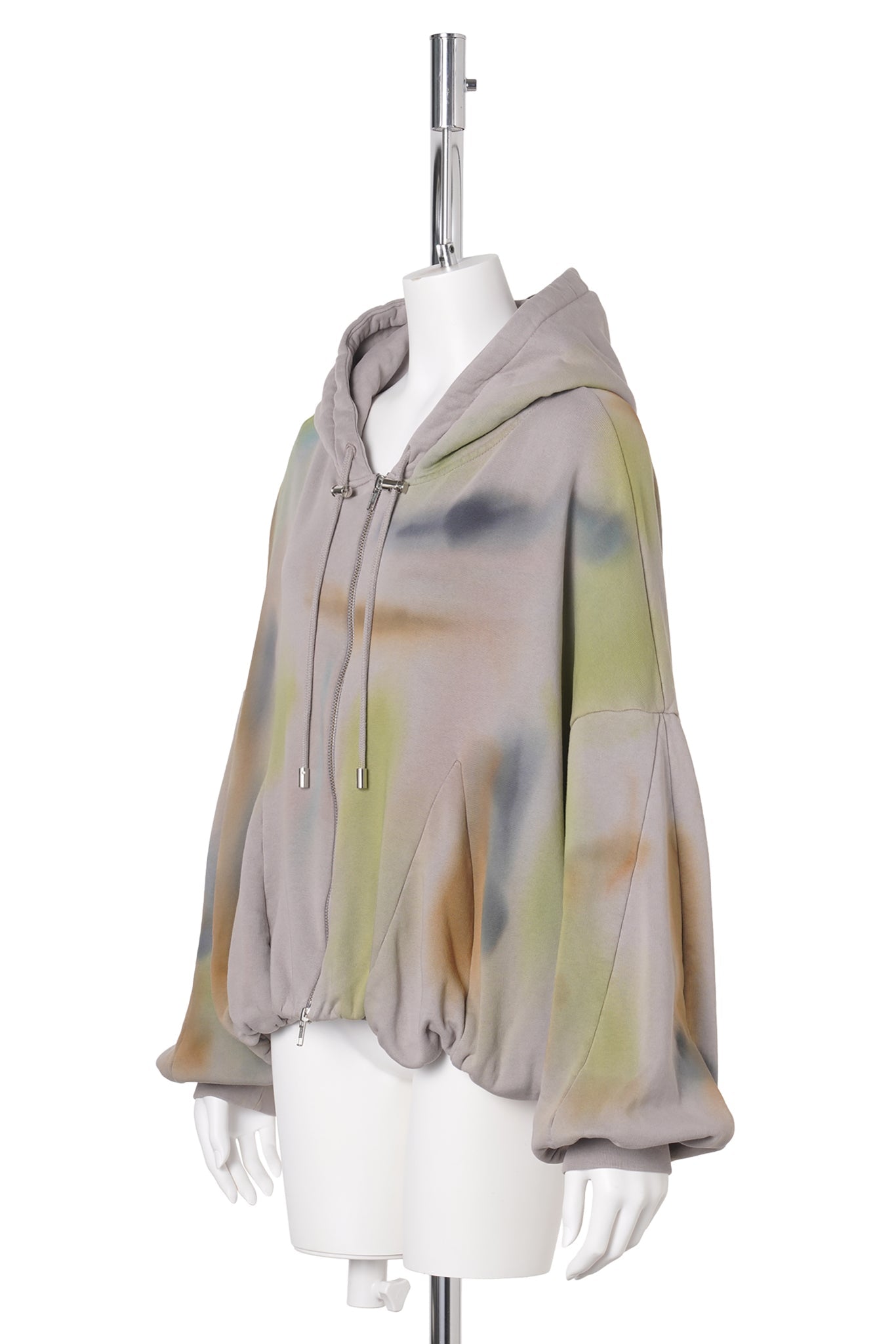 GATHERED ZIP UP HOODIE / PAINTED FOG