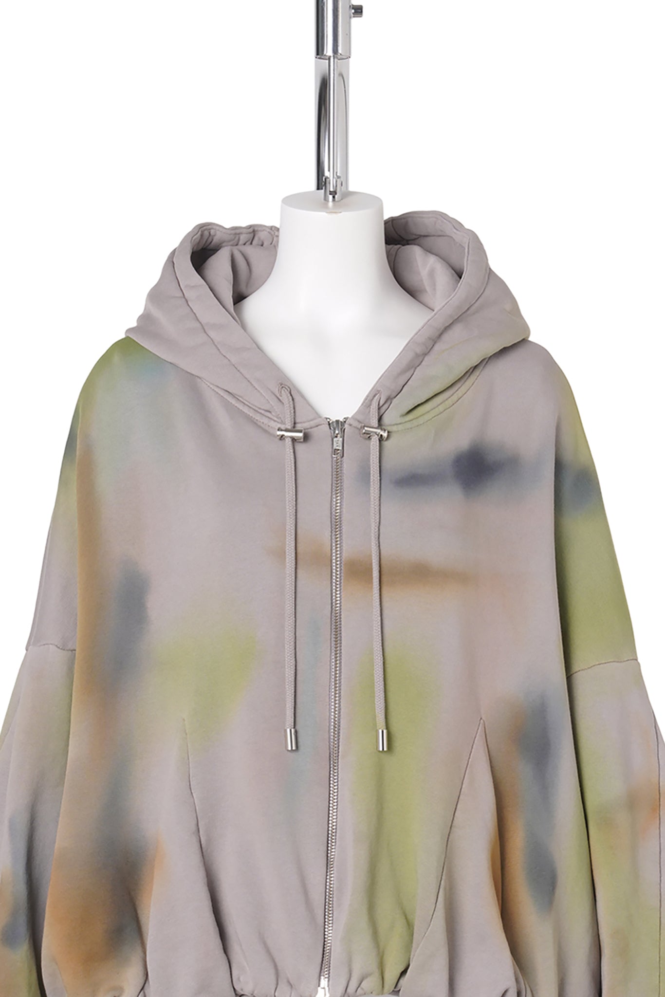 GATHERED ZIP UP HOODIE / PAINTED FOG