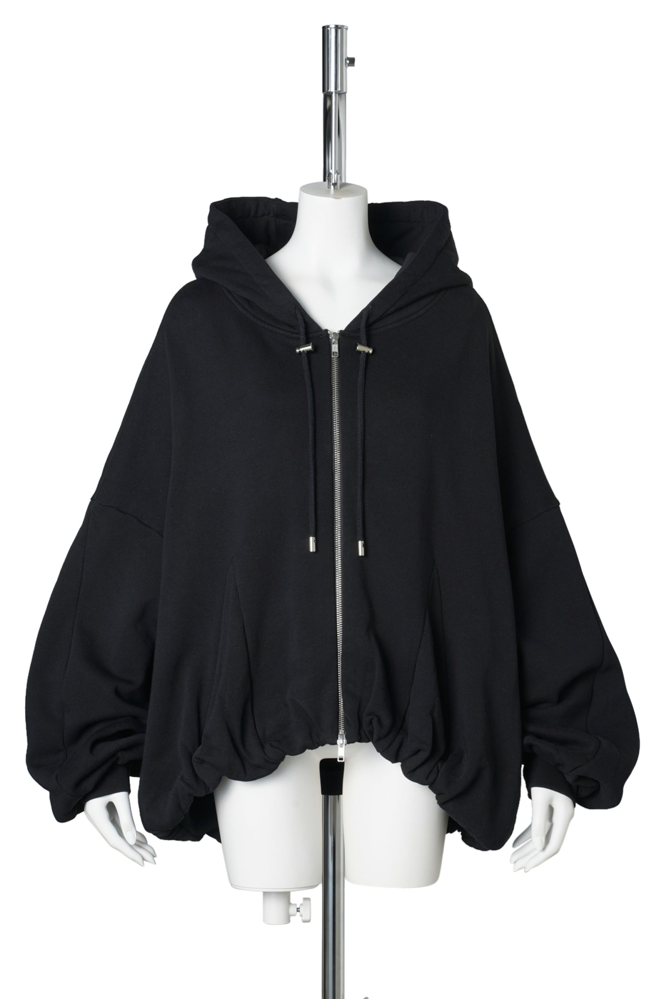 RHINESTONE GATHERED ZIP UP HOODIE / BLACK