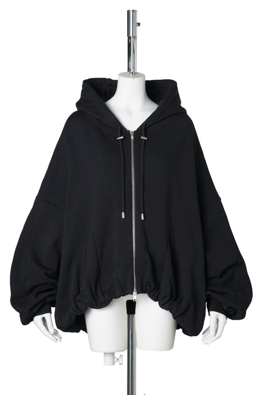 RHINESTONE GATHERED ZIP UP HOODIE / BLACK