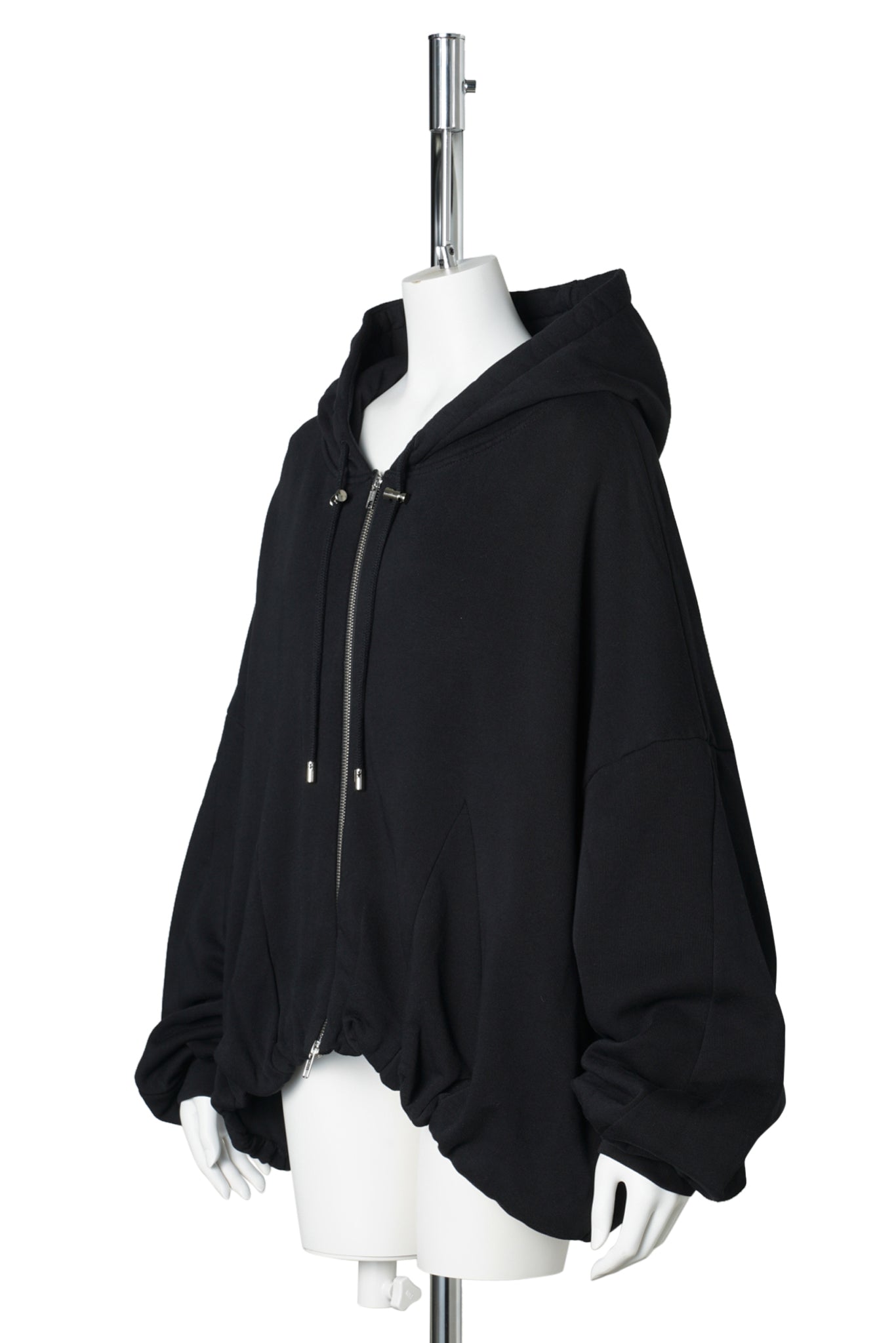 RHINESTONE GATHERED ZIP UP HOODIE / BLACK