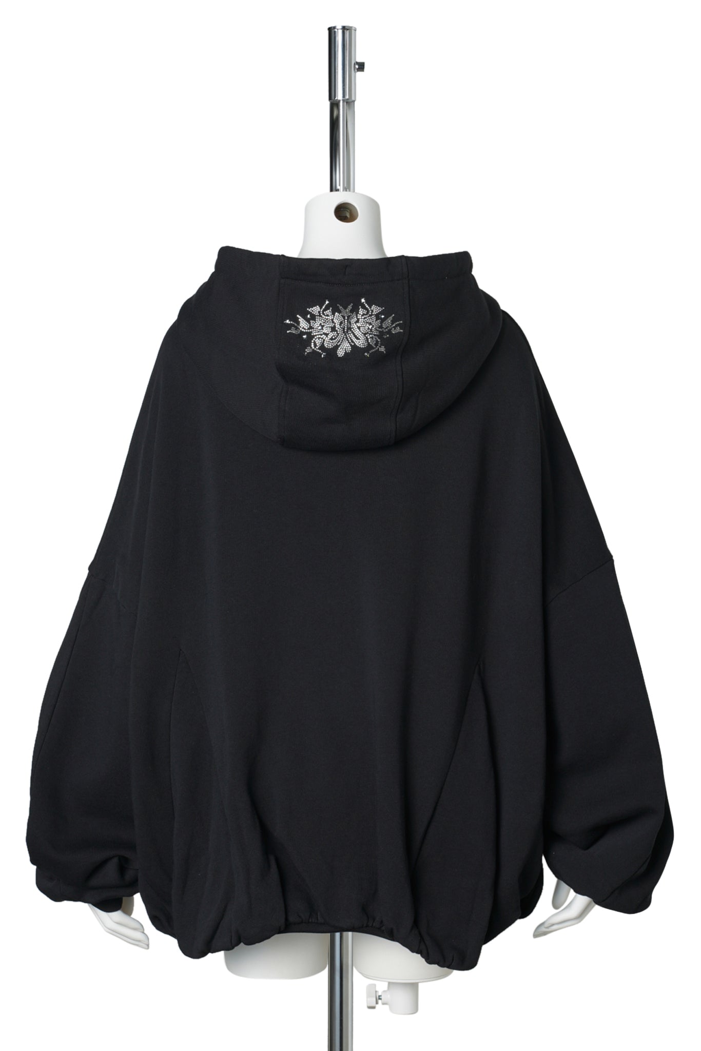 RHINESTONE GATHERED ZIP UP HOODIE / BLACK