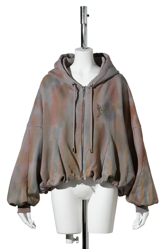 RHINESTONE GATHERED ZIP UP HOODIE / REISHI AURORA
