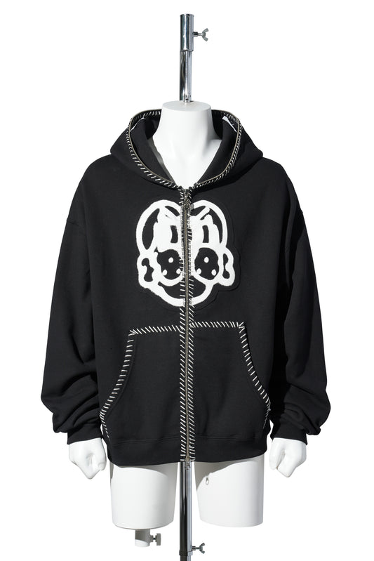 HAND-STITCHED FULL ZIP HOODIE / BLACK