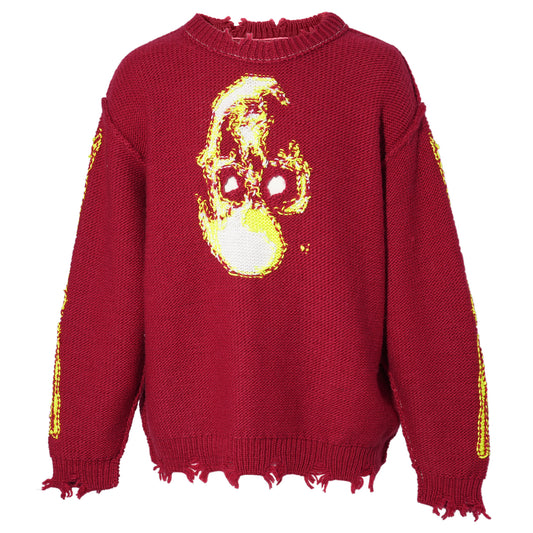 GLOW-IN-THE-DARK SKULL KNIT PULLOVER / RED