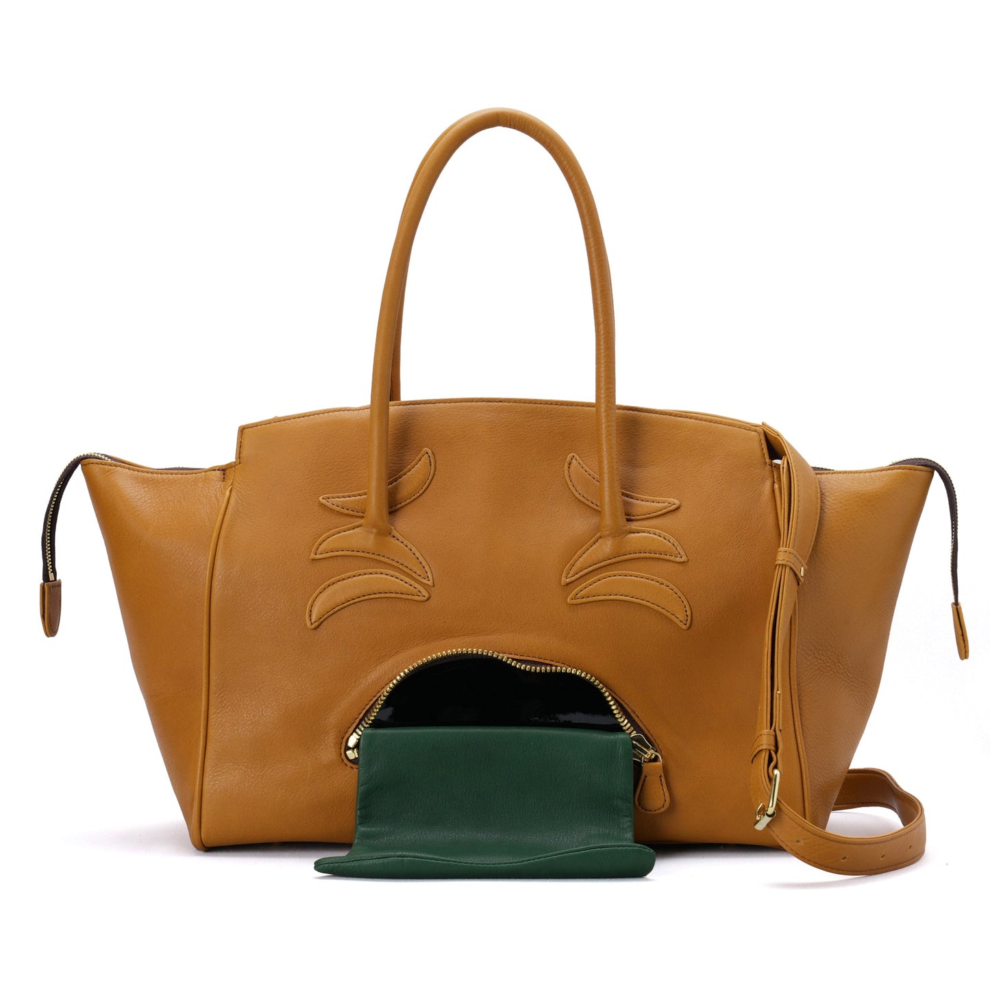 VOMITING EMOJI LETHER BAG / CAMEL
