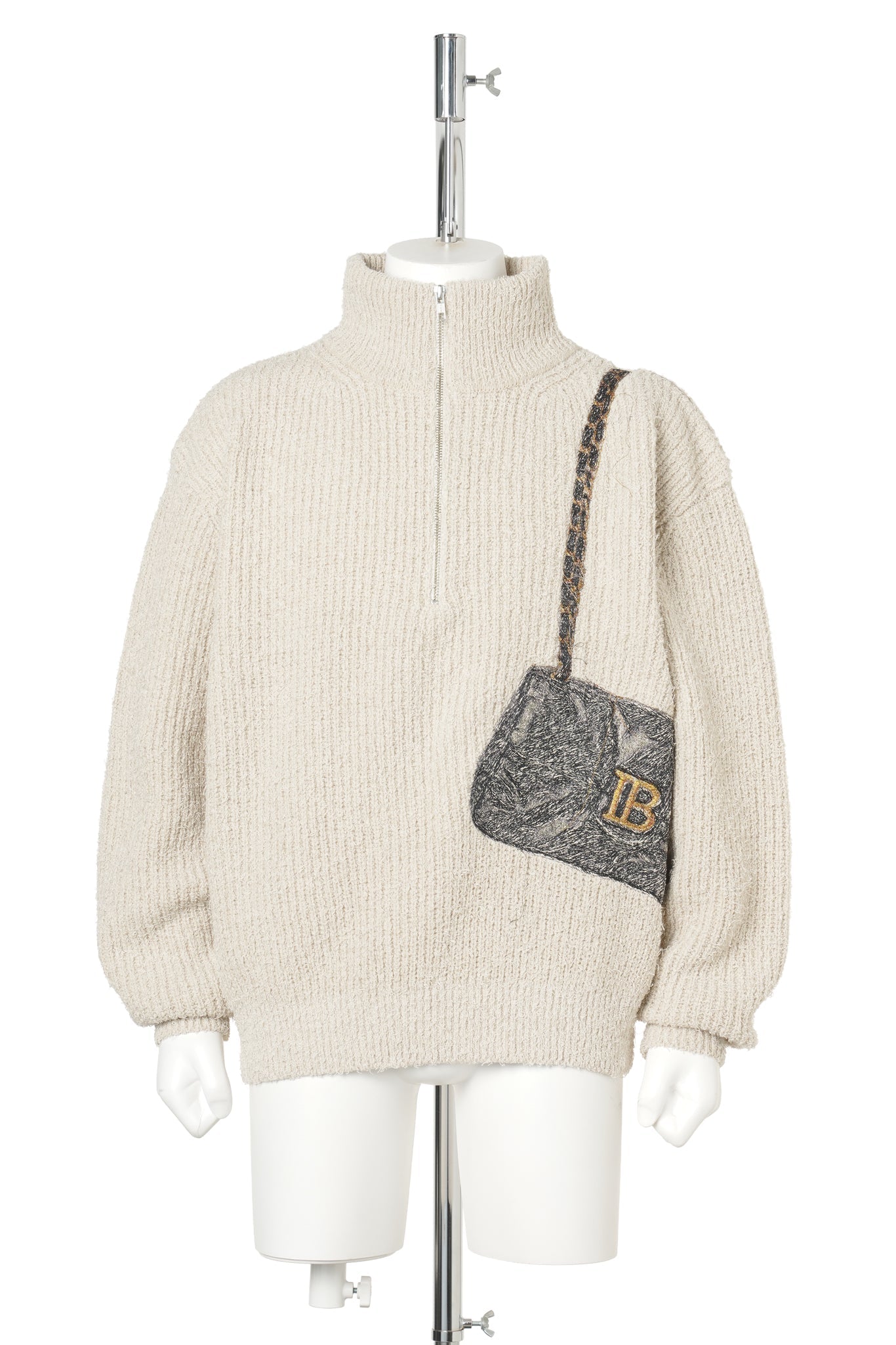 TROMPE L'OEIL EMBROIDERY HALF ZIP KNIT / BEIGE