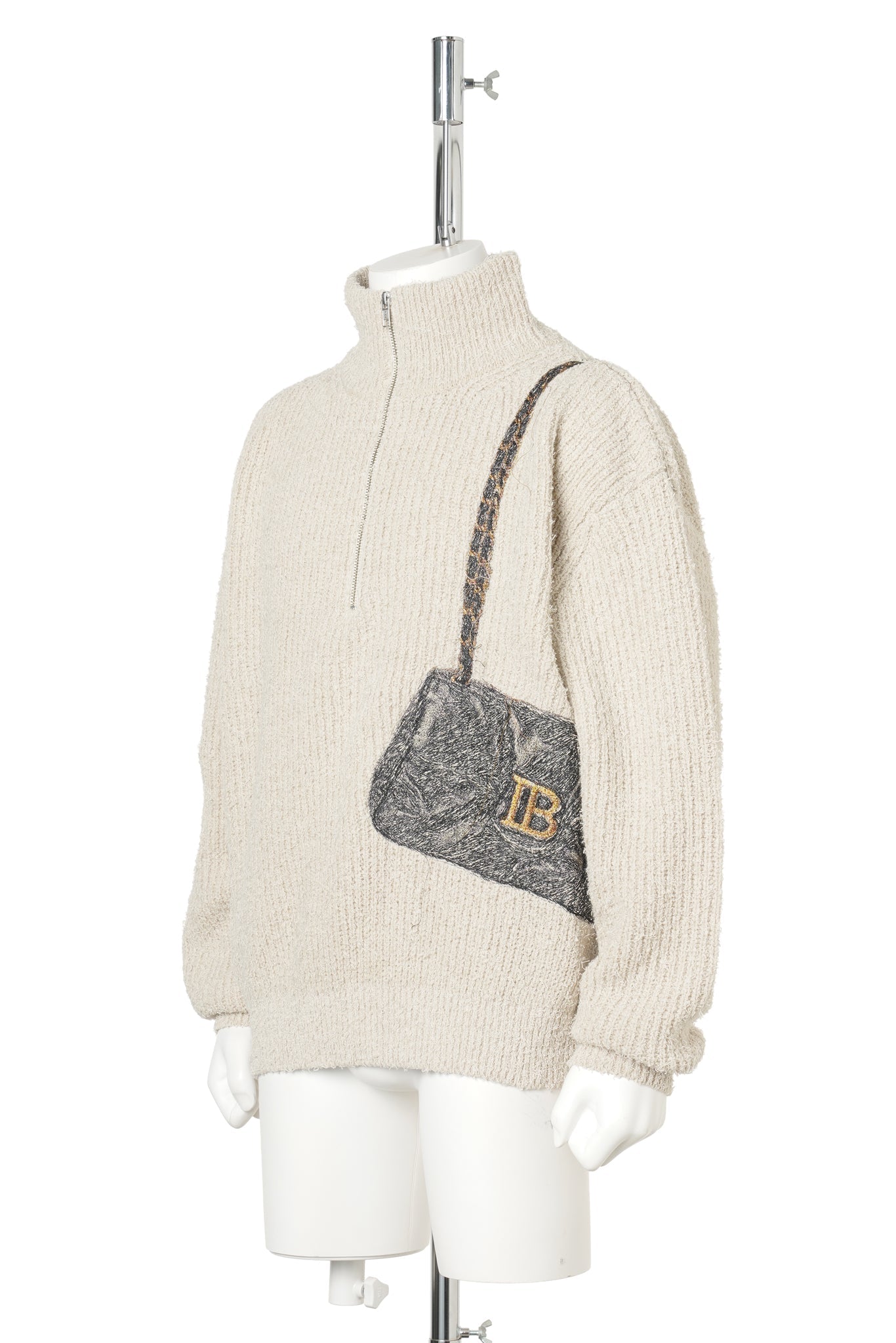 TROMPE L'OEIL EMBROIDERY HALF ZIP KNIT / BEIGE