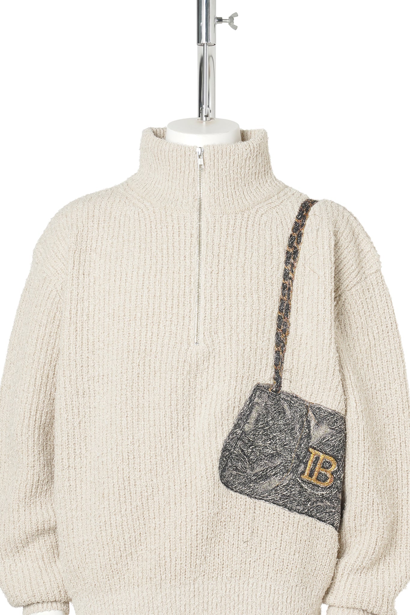 TROMPE L'OEIL EMBROIDERY HALF ZIP KNIT / BEIGE