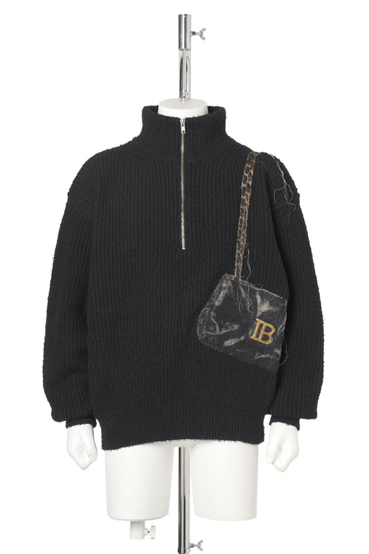 TROMPE L'OEIL EMBROIDERY HALF ZIP KNIT / BLACK