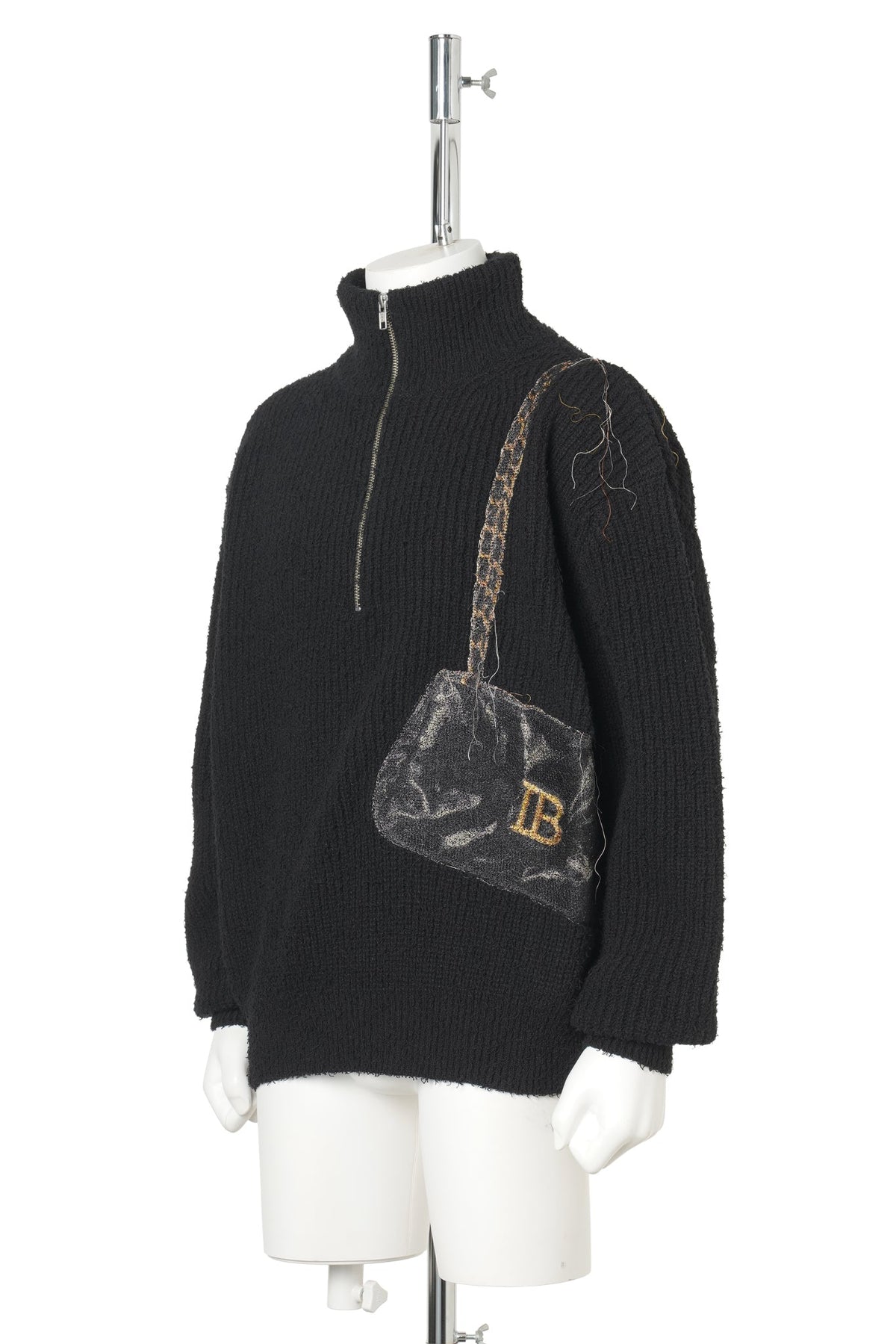 TROMPE L'OEIL EMBROIDERY HALF ZIP KNIT / BLACK