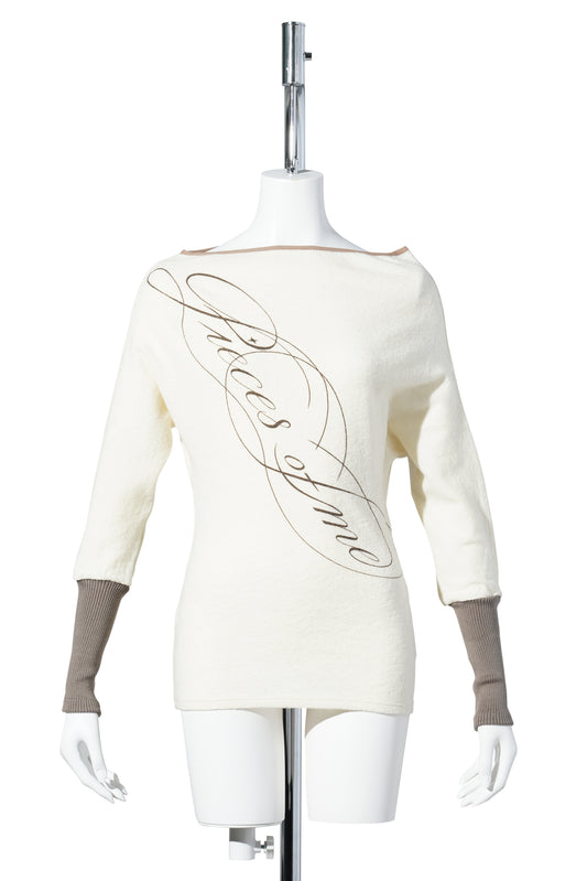 WOMEN COTTON LONG SLEEVE TOP / BEIGE/WHITE