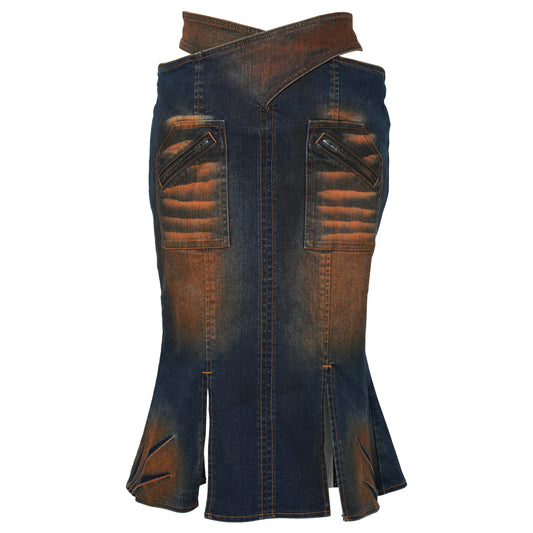 CROSS WAIST DENIM SKIRT / DENIM BLUE