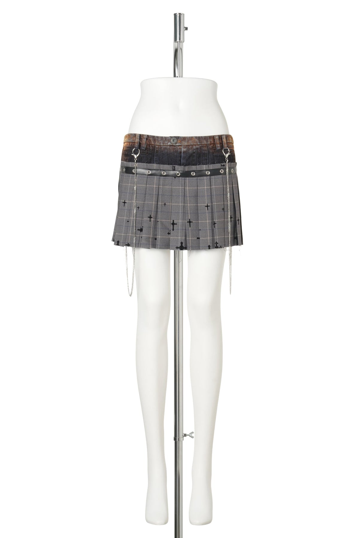 CROSS-DETAIL DENIM MINI SKIRT / GREY/BLACK