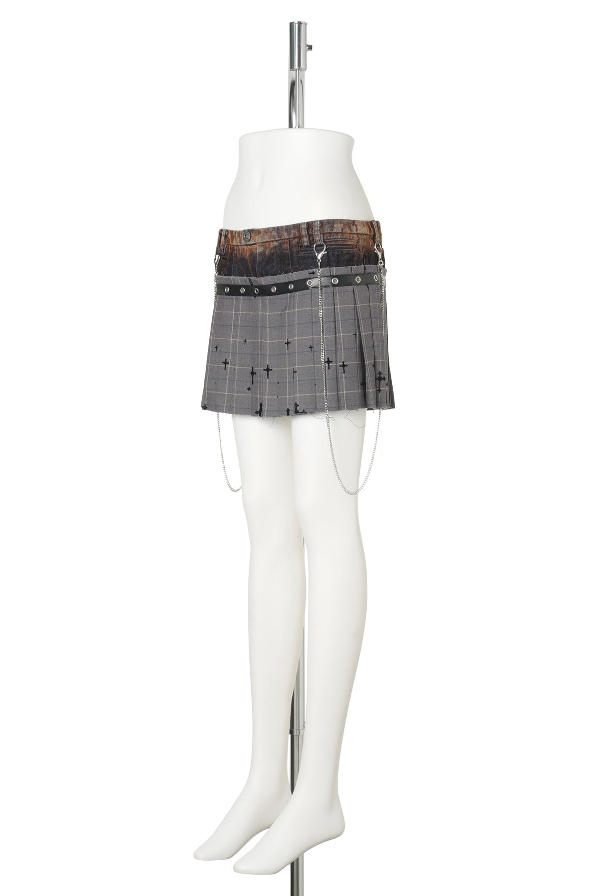 CROSS-DETAIL DENIM MINI SKIRT / GREY/BLACK