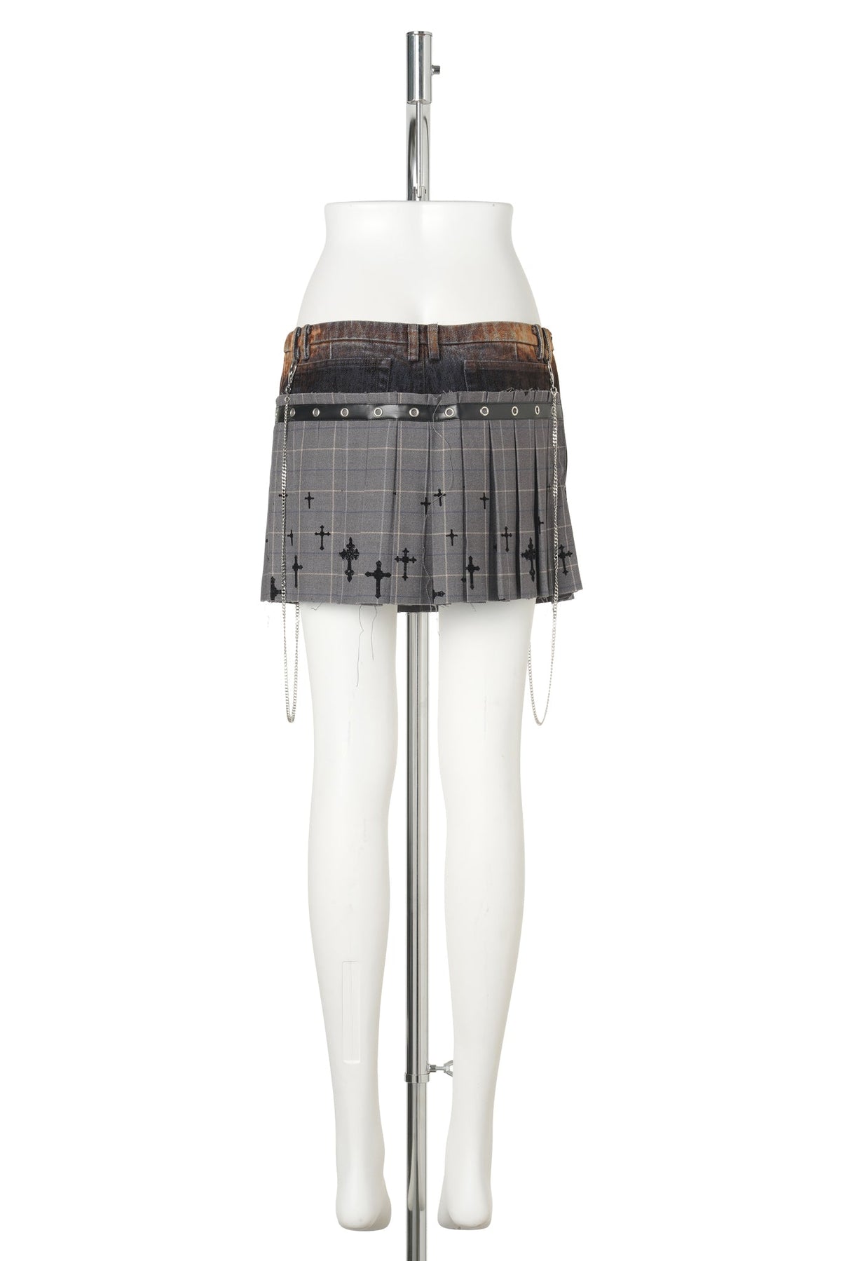CROSS-DETAIL DENIM MINI SKIRT / GREY/BLACK