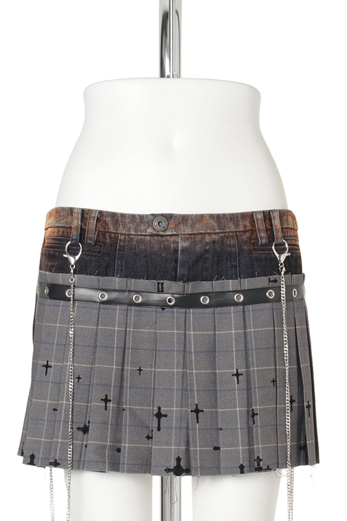 CROSS-DETAIL DENIM MINI SKIRT / GREY/BLACK