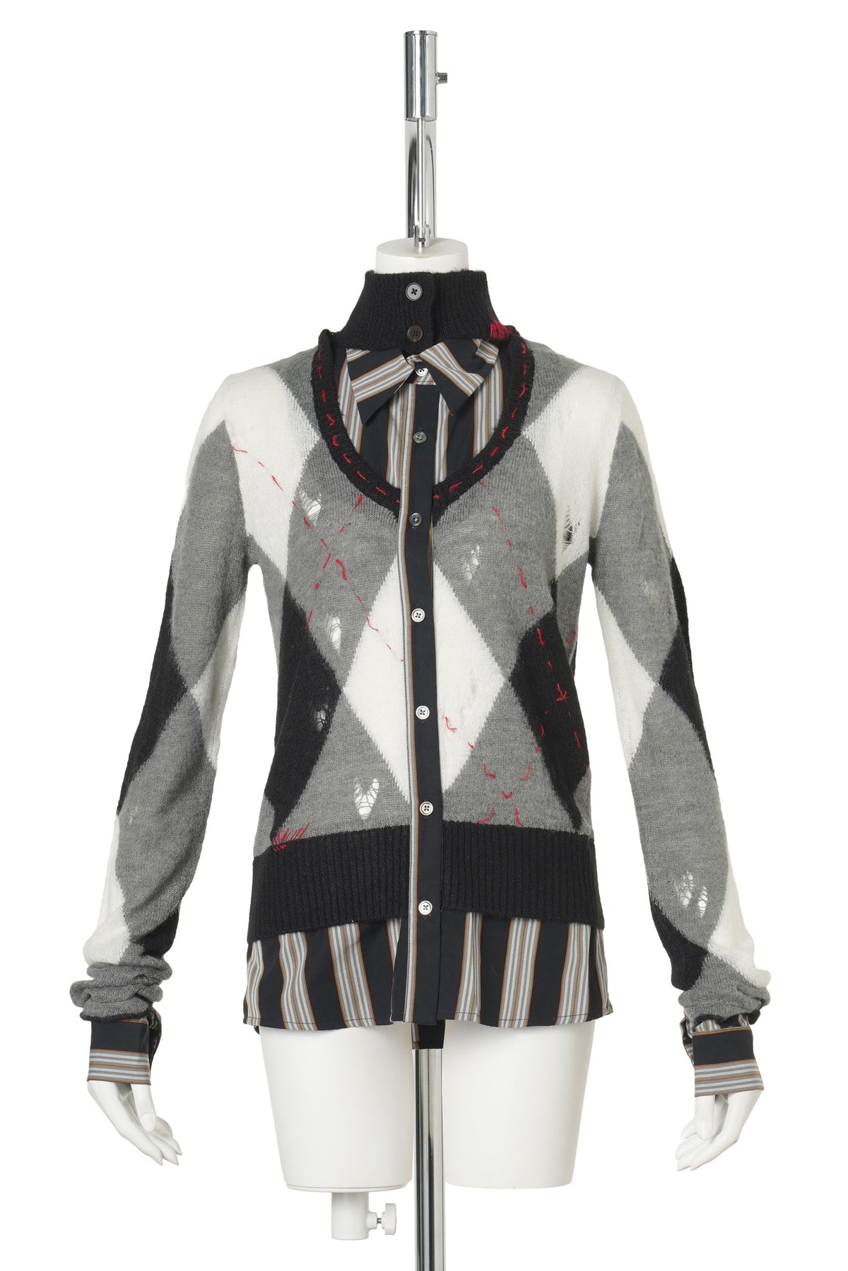 TRI-COLOR KNIT LAYERED-SHIRT TOP / BLACK/WHITE/GREY