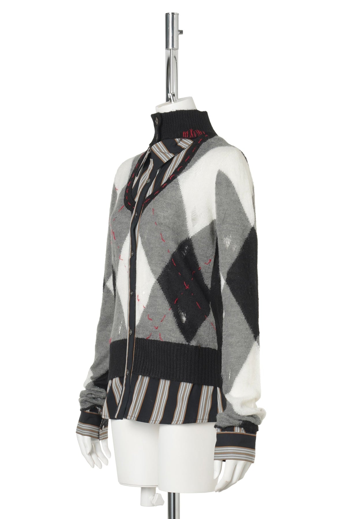 TRI-COLOR KNIT LAYERED-SHIRT TOP / BLACK/WHITE/GREY