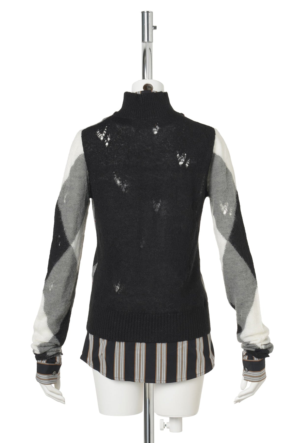 TRI-COLOR KNIT LAYERED-SHIRT TOP / BLACK/WHITE/GREY