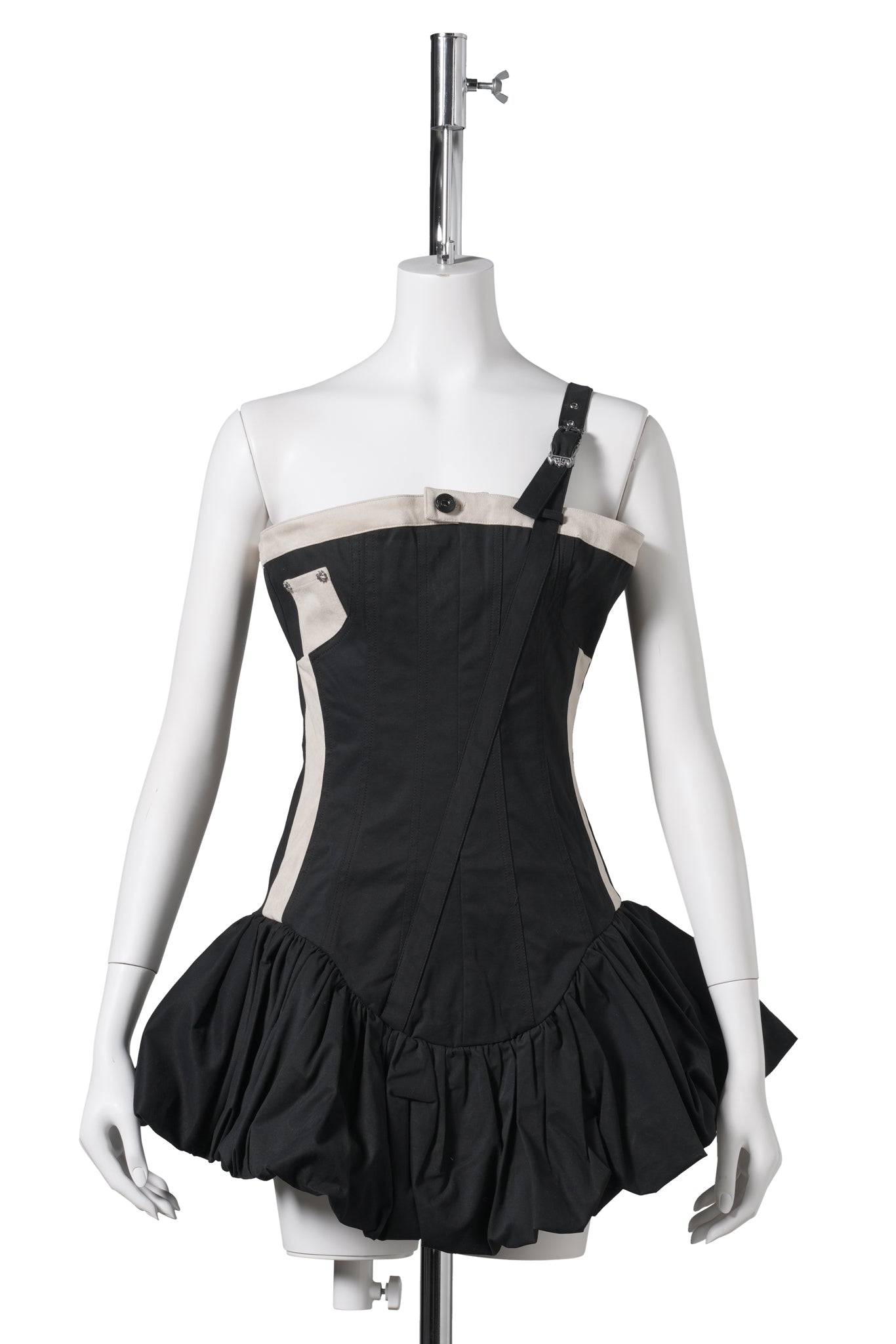 ASYMMETRICAL STRAP RUFFLED BOTTOM DRESS / BLACK