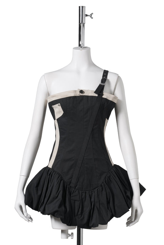 ASYMMETRICAL STRAP RUFFLED BOTTOM DRESS / BLACK