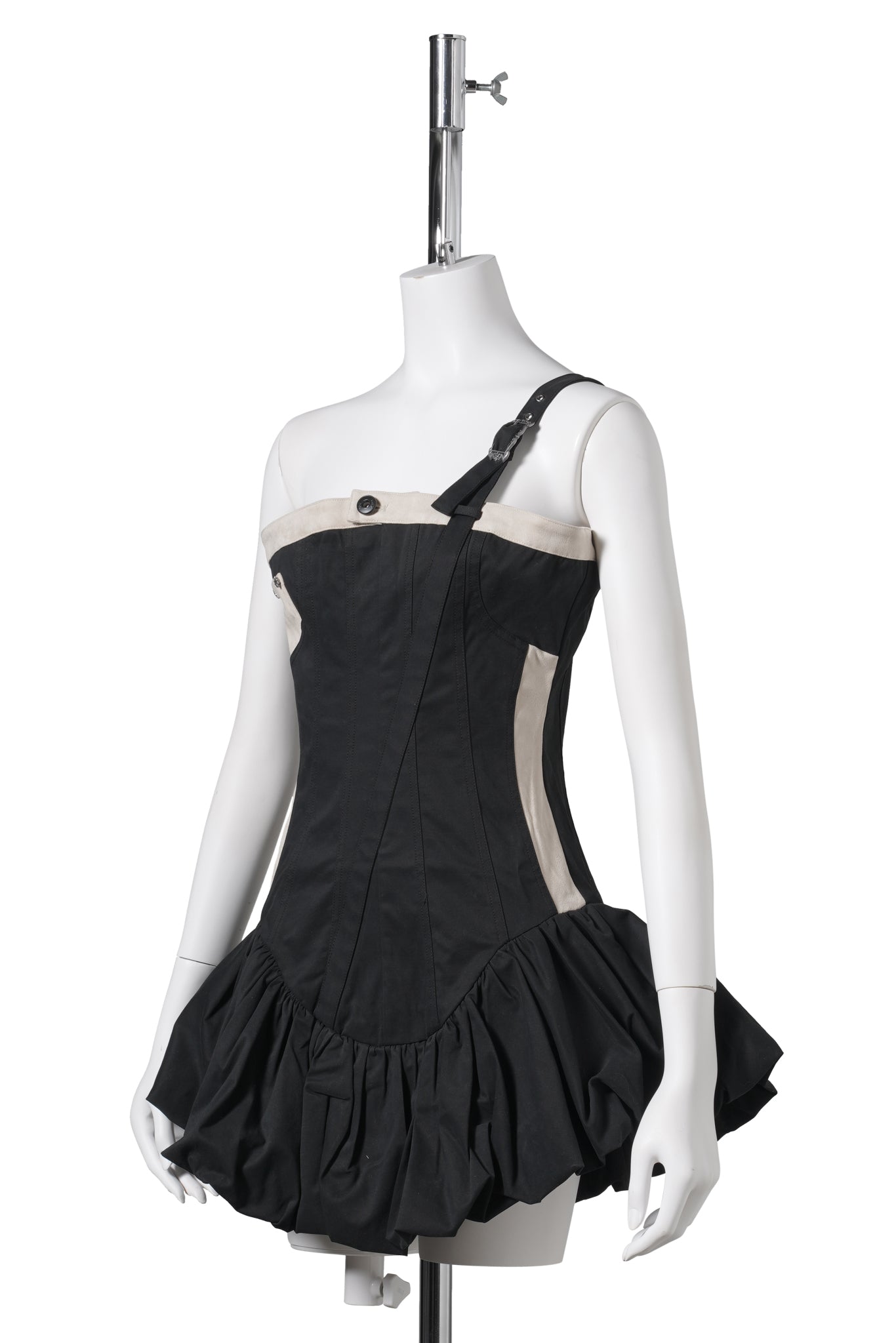 ASYMMETRICAL STRAP RUFFLED BOTTOM DRESS / BLACK