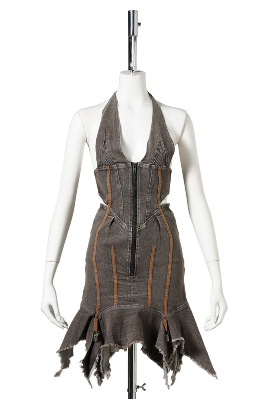 DISTRESSED DENIM HALTER DRESS / COFFEE