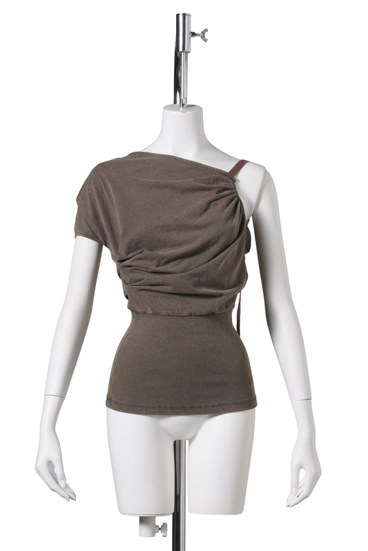 ONE-SHOULDER JERSEY TOP / COFFEE