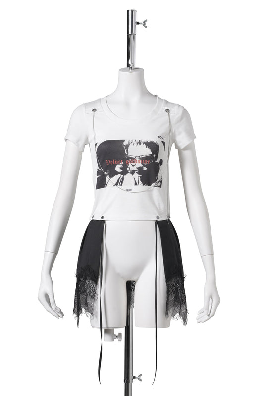 GRAPHIC CHAIN T-SHIRT WITHREMOVEBLE SKIRT / WHITE/BLACK