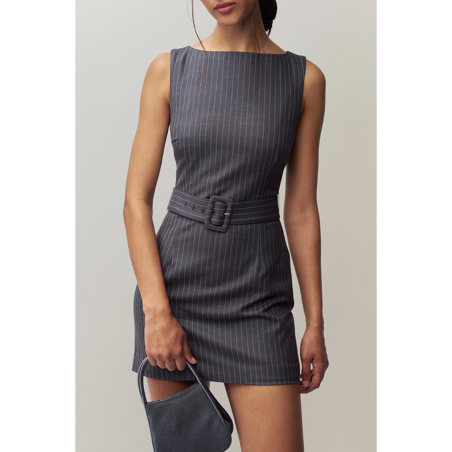 VIA PINSTRIPE DRESS / CHARCOAL/WHITE