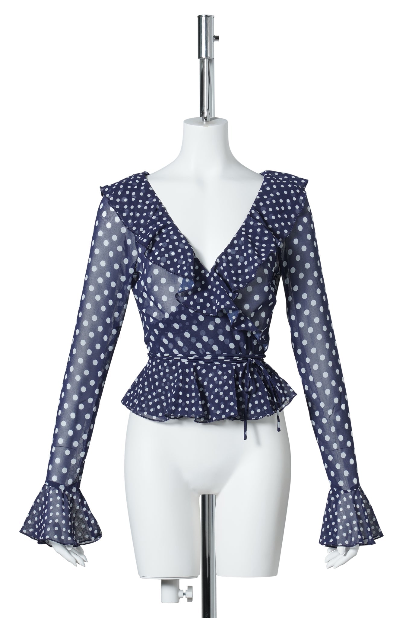 MALLORCA RUFFLE WRAP TOP / 477:NAVY MIXED POLKA DOT