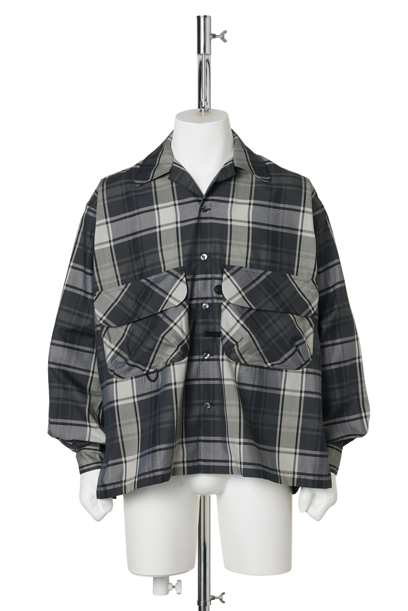 TECH SPORTS OPEN COLLAR SHIRT L/S BIG TARTAN / BLACK