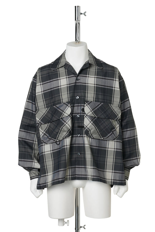 TECH SPORTS OPEN COLLAR SHIRT L/S BIG TARTAN / BLACK