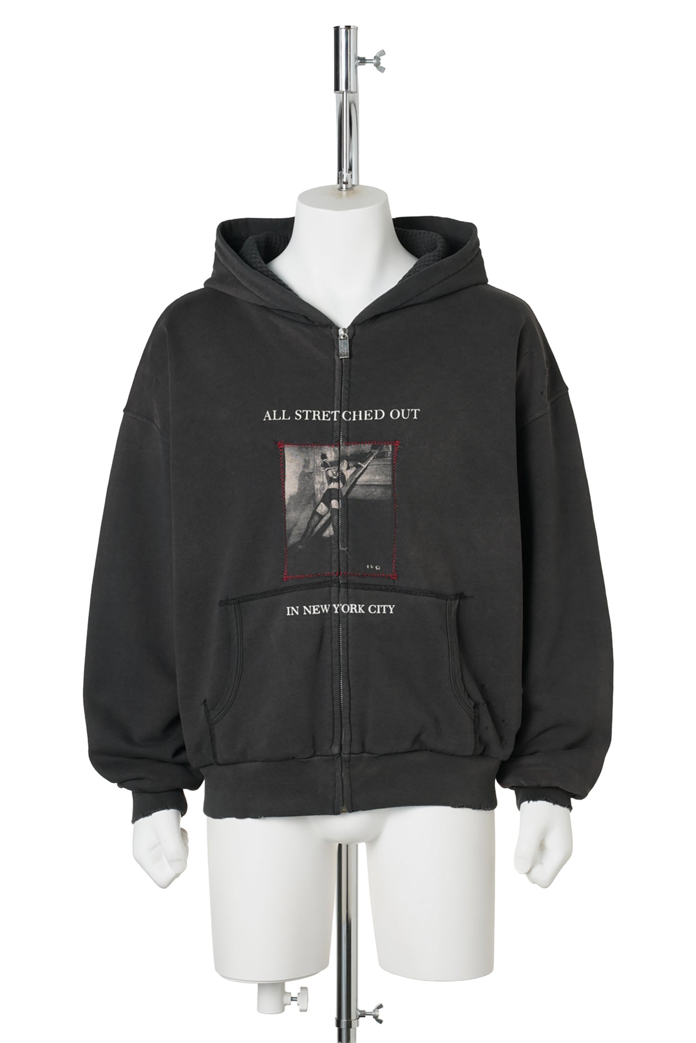 STRETCHED OUT THERMAL LINED LINED ZIP UP HOODIE / WASHED BLACK