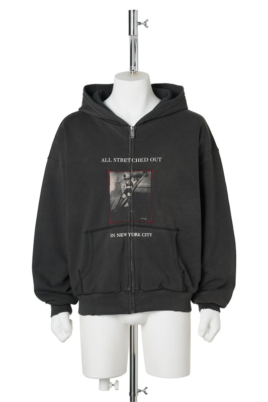 STRETCHED OUT THERMAL LINED LINED ZIP UP HOODIE / WASHED BLACK
